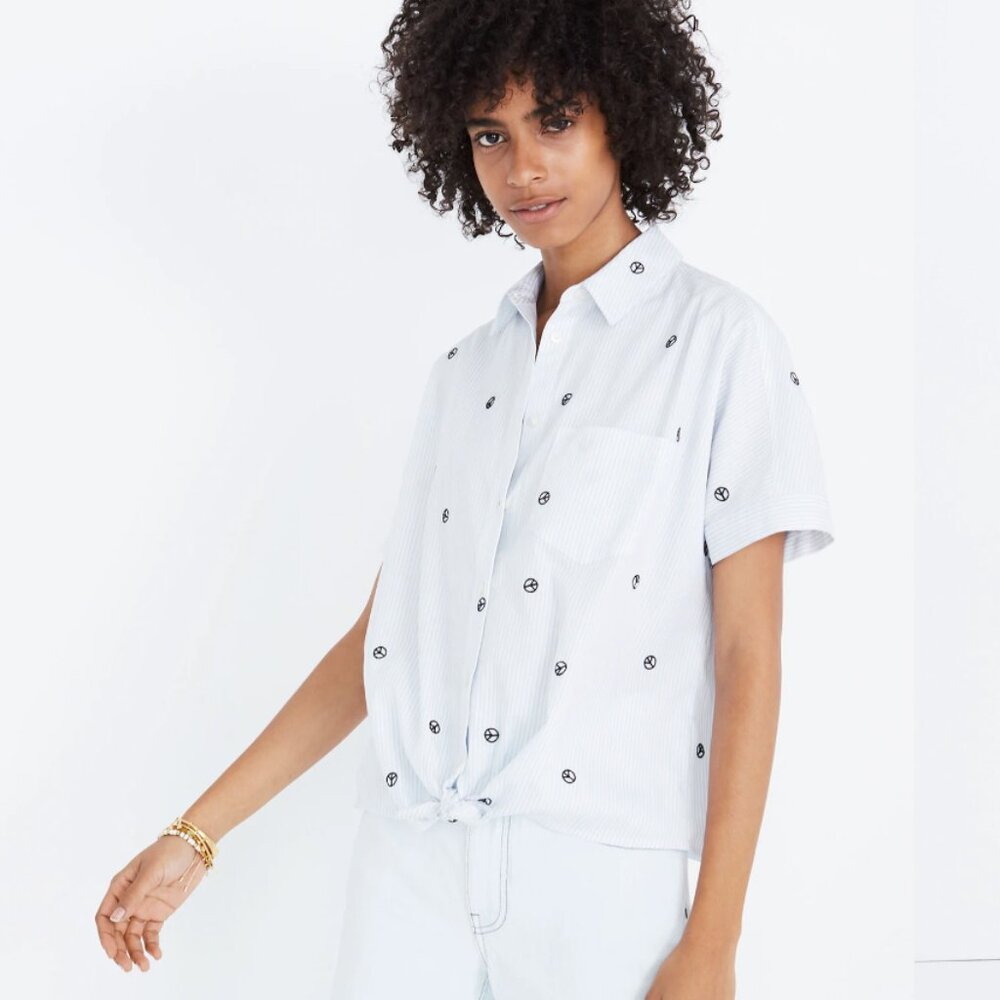 Madewell Embroidered Peace Sign Short-Sleeve Tie-Front Shirt